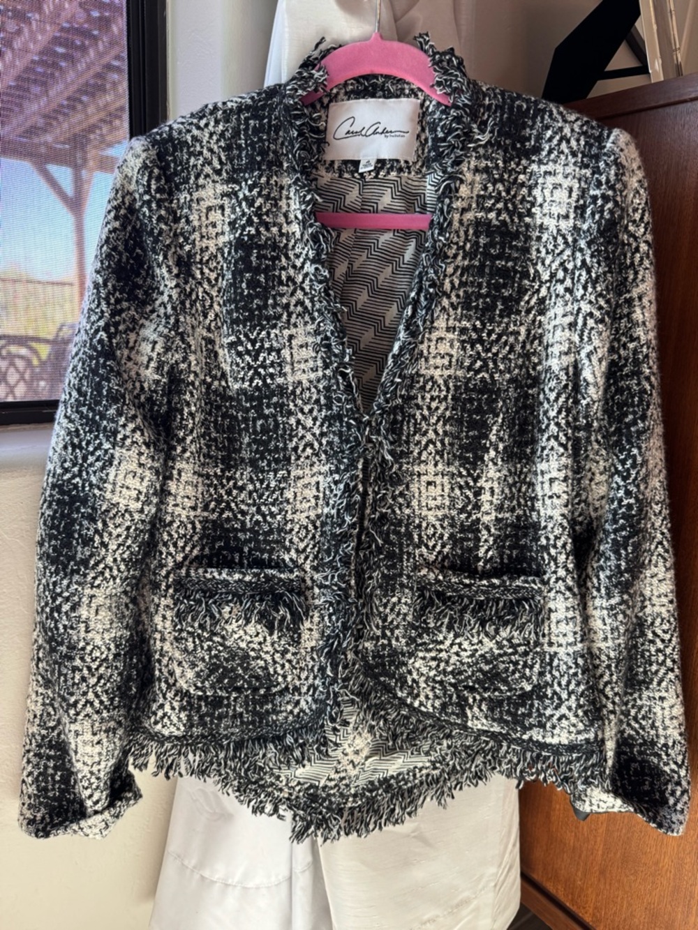 CAbi Black & White Tweed Frayed-Edge Open Jacket